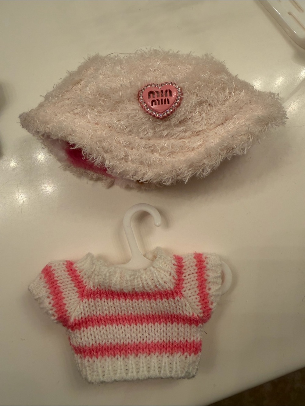 Fluffy Pink Heart Hat & Striped Sweater Set Doll clothes